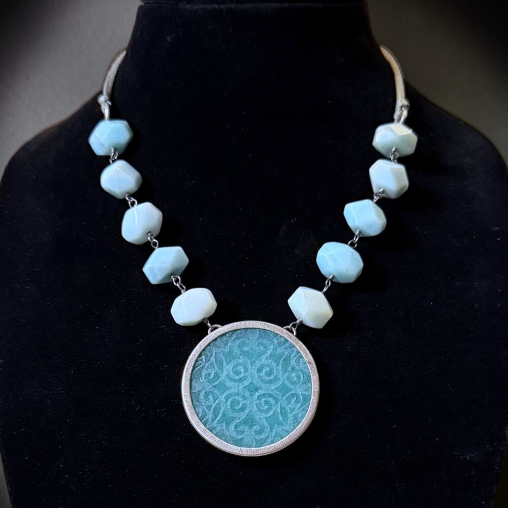 Silpada 925 Sterling Silver Blue Aqua Quartzite Etched Pendant Necklace 18”